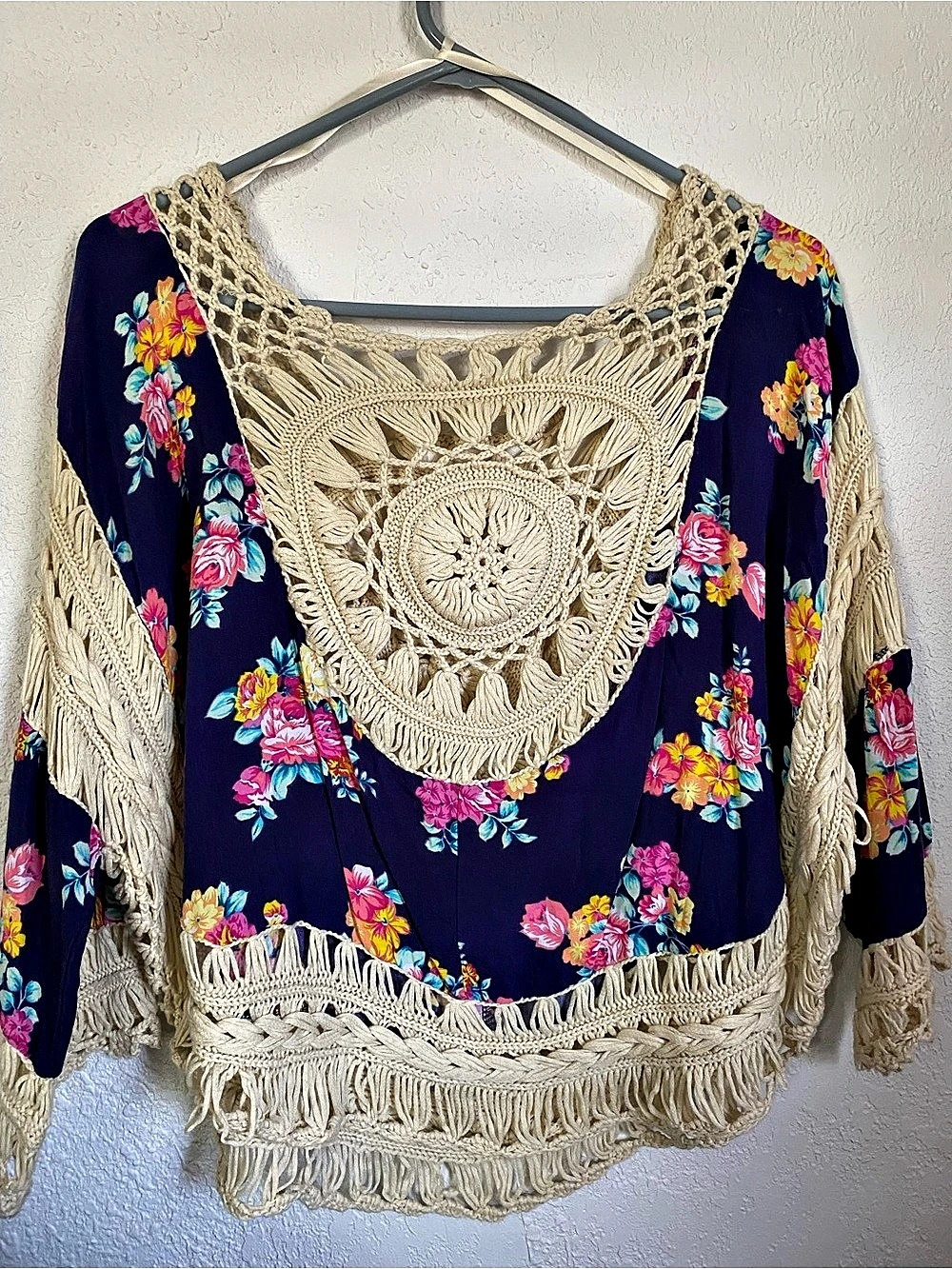 Love J Floral Crochet Fringe Tunic Blue & Cream Size Medium